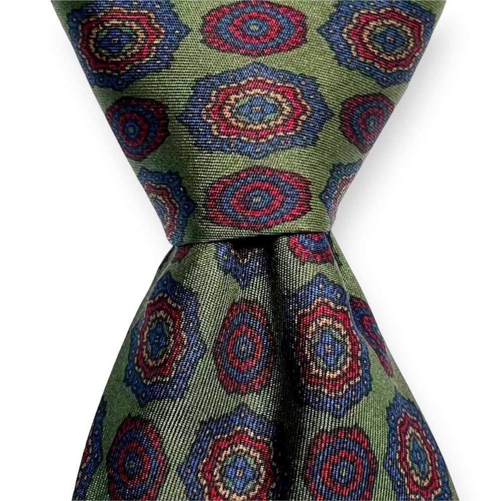 VITALIANO PANCALDI GUC Men’s Vintage Green/Red Medallion Foulard 100% Silk Tie - Picture 2 of 8